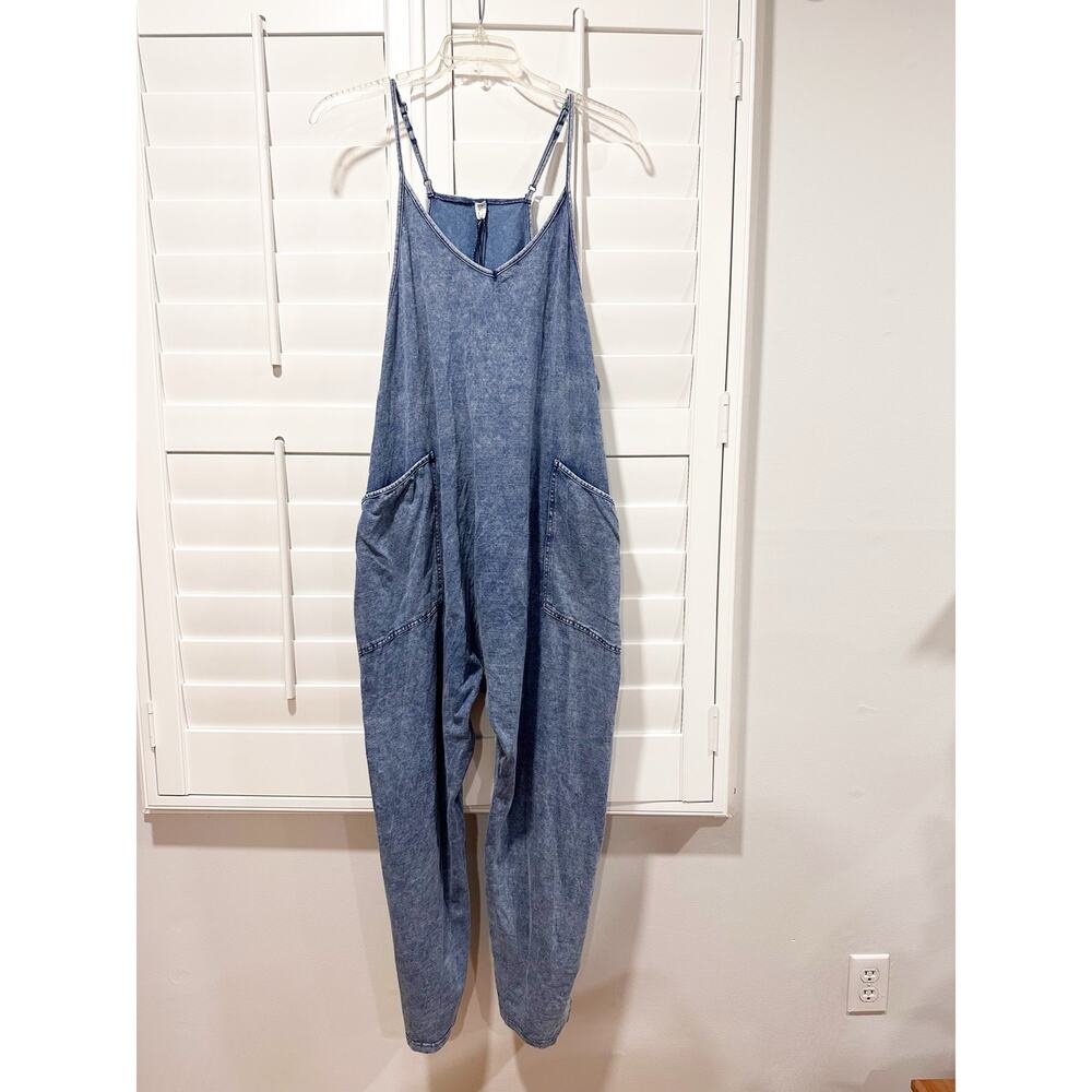 EXLORA Blue Denim Overall Jumpsuit Adjustable Strap Pockets Boho Relaxed Cotton